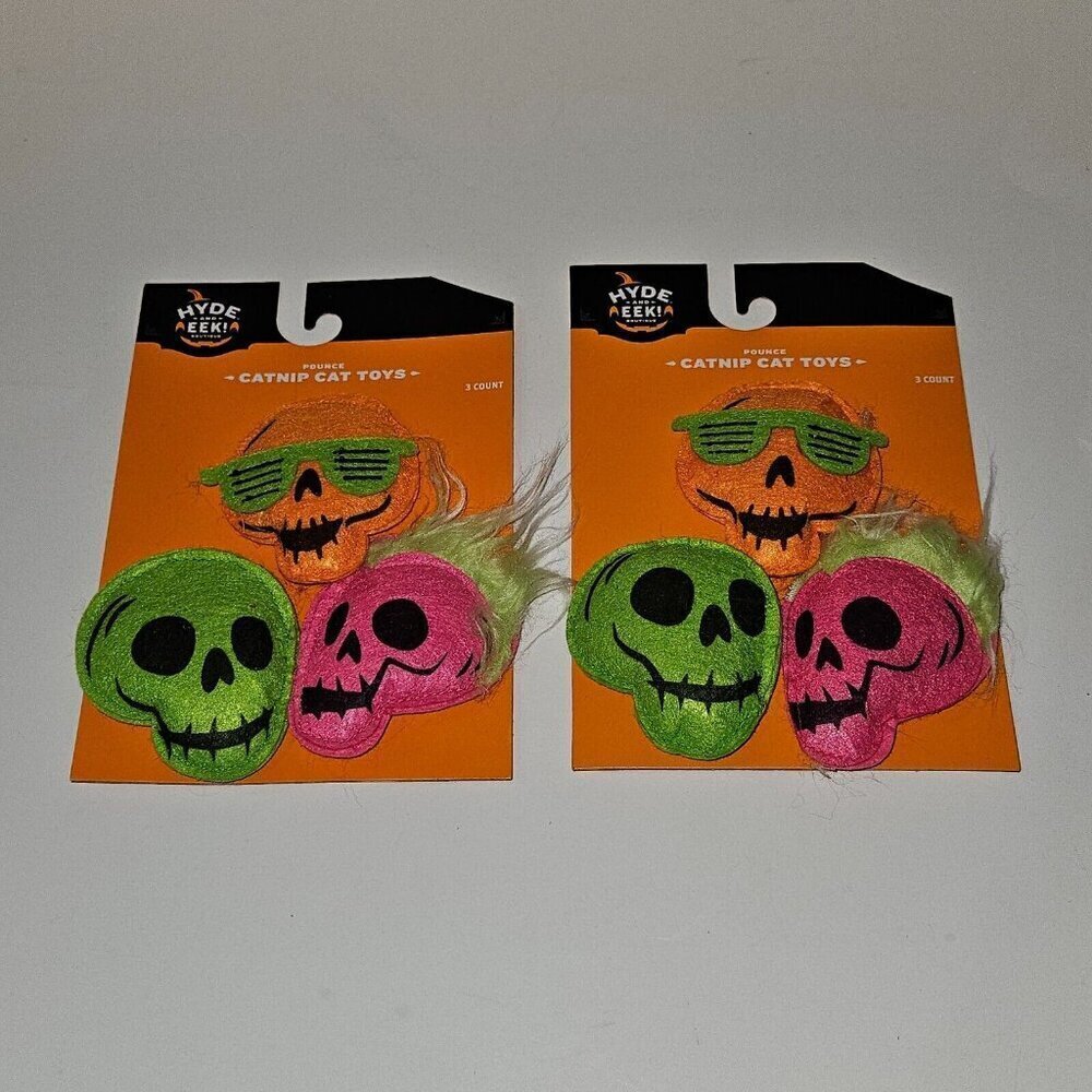 NEW 2 Pks Halloween Pet Pounce Catnip Cat Toys Lot Skeleton Skull Hyde & Eek